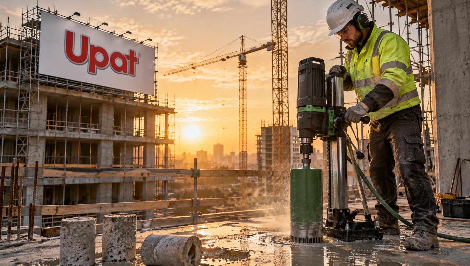 Construction professional concrete core drilling on a site at sunset, beside an Upat billboard